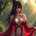 Discover Epic Escapes with AI Images: 'Dreams Come True' - A serene forest setting featuring a young woman in a stunning red lingerie set, created using advanced AI models for a peaceful and dreamy atmosphere.