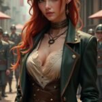 Discover Epic Escapes: Futuristic Dreams in AI Images - This stunning AI-generated image showcases a young woman standing out in a city street, embodying strength and determination with her edgy attire and mysterious demeanor.