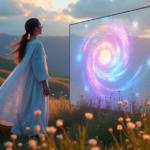 An artist in a flowing white robe stands amidst a lush meadow, surrounded by AI-powered visuals on a transparent screen responding to their movements, reflecting emerging AI Art Trends 2025.