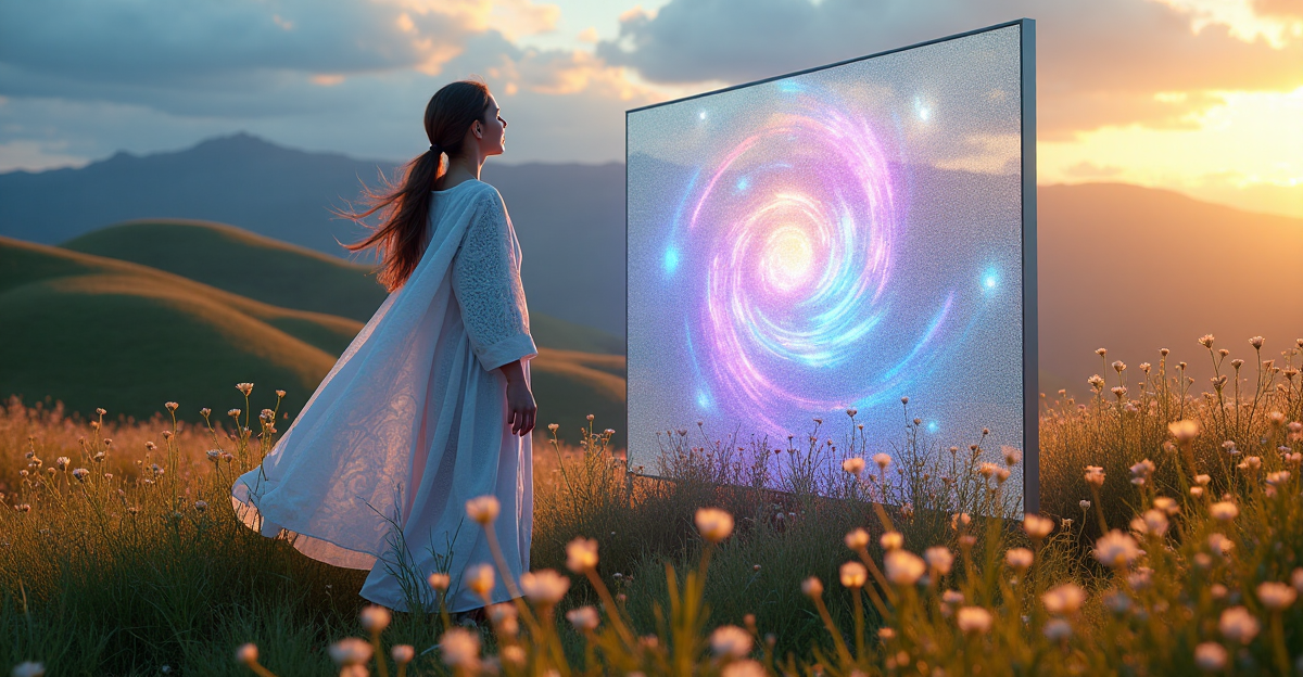 An artist in a flowing white robe stands amidst a lush meadow, surrounded by AI-powered visuals on a transparent screen responding to their movements, reflecting emerging AI Art Trends 2025.