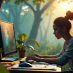 An artist sits amidst a misty forest, poised to create with AI, surrounded by art supplies and natural beauty, evoking inspiration and imagination in an image reflecting current AI Art Trends 2025.