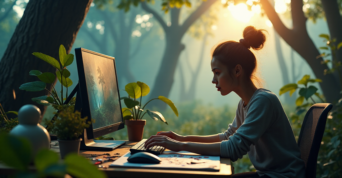 An artist sits amidst a misty forest, poised to create with AI, surrounded by art supplies and natural beauty, evoking inspiration and imagination in an image reflecting current AI Art Trends 2025.