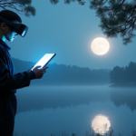 "A digital artist in VR goggles stands at a moonlit lake's edge, surrounded by trees, cradling a glowing silver tablet as if conjuring dreamscapes with AI Art Trends 2025 inspiration."