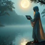 An artist stands at a moonlit lake's edge, blending traditional art with AI-generated virtual reality on a sleek tablet, amidst a serene landscape bathed in ethereal moonlight, reflecting emerging AI Art Trends 2025.