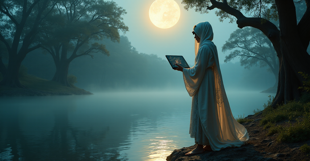 An artist stands at a moonlit lake's edge, blending traditional art with AI-generated virtual reality on a sleek tablet, amidst a serene landscape bathed in ethereal moonlight, reflecting emerging AI Art Trends 2025.