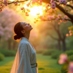 "An artist stands amidst a lush garden at dusk, surrounded by emerald trees and cherry blossoms, dressed in intricate white robes, evoking serenity and peace in harmony with AI Art Trends 2025."