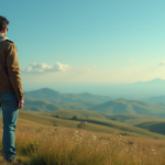 An artist stands at a plain's edge, gazing out at the horizon amidst rolling hills, wildflowers, and weathered trees in soft golden light, reflecting AI Art Trends 2025.