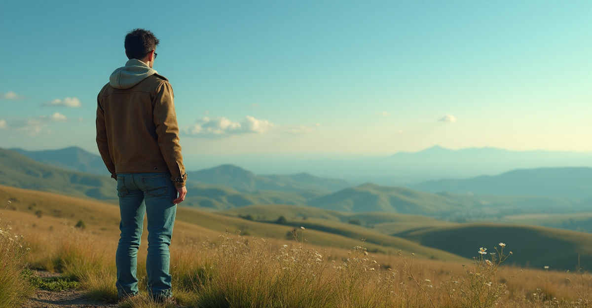 An artist stands at a plain's edge, gazing out at the horizon amidst rolling hills, wildflowers, and weathered trees in soft golden light, reflecting AI Art Trends 2025.