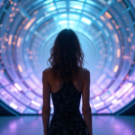 "A young woman stands in a futuristic lab, surrounded by high-tech equipment and lush greenery, gazing at an immersive digital dreamscape on a curved screen, reflecting AI Art Trends 2025."