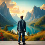 An artist stands before a large canvas in a dimly lit studio, gazing at their AI-generated painting "Elevating Artistic Horizons" amidst traditional techniques, set against a minimalist backdrop with warm golden hour lighting.