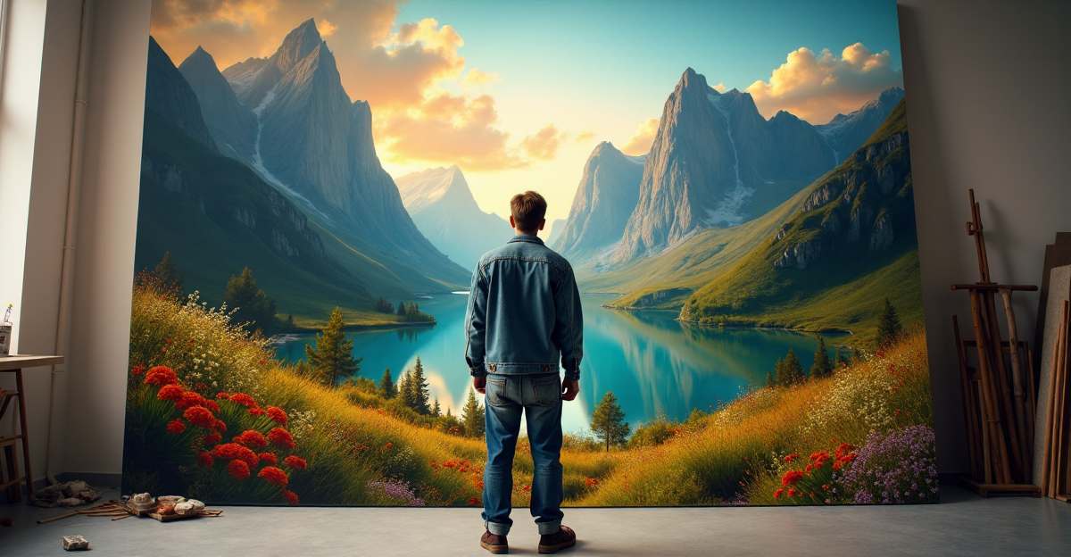 An artist stands before a large canvas in a dimly lit studio, gazing at their AI-generated painting 
