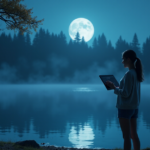"An animator stands at a moonlit lake's edge, focused on an AI graphics tablet, amidst towering trees under misty, ethereal light, reflecting emerging AI Art Trends 2025."