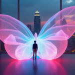 "A futuristic glass pavilion hosts an AI-powered LED sculpture 'Ephemeral Bloom,' with undulating petals responding to viewer movement amidst a cityscape at dusk."