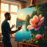 "An award-winning artist stands confidently beside their hyper-realistic oil painting 'Elysian Dreams,' set against a warm golden-hour backdrop in a studio environment."