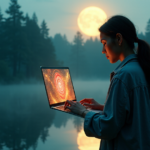 An artist stands at a moonlit lake, surrounded by lush greenery, manipulating a silver laptop with holographic display projecting vibrant patterns, amidst a serene environment evoking serenity and limitless possibility in AI Art Trends 2025.