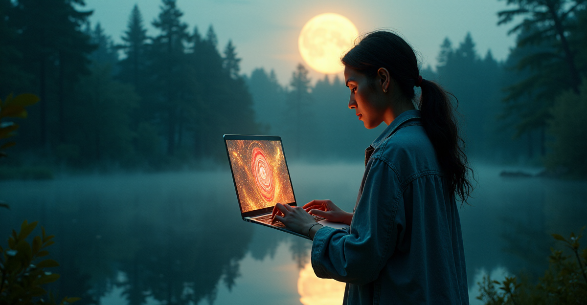 An artist stands at a moonlit lake, surrounded by lush greenery, manipulating a silver laptop with holographic display projecting vibrant patterns, amidst a serene environment evoking serenity and limitless possibility in AI Art Trends 2025.