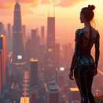 "An AI-powered artist stands at the edge of a vast digital landscape, gazing out at a breathtakingly realistic cityscape under golden hour light, amidst futuristic gadgets and holographic displays."