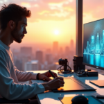 "A digital artist intensely focuses on AI-powered concept art at a futuristic studio with floor-to-ceiling windows overlooking a cityscape bathed in golden hour light."