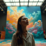 An artist stands in a dimly lit studio amidst vibrant AI-generated art, surrounded by traditional techniques and natural light, evoking serenity and focus within AI Art Trends 2025.