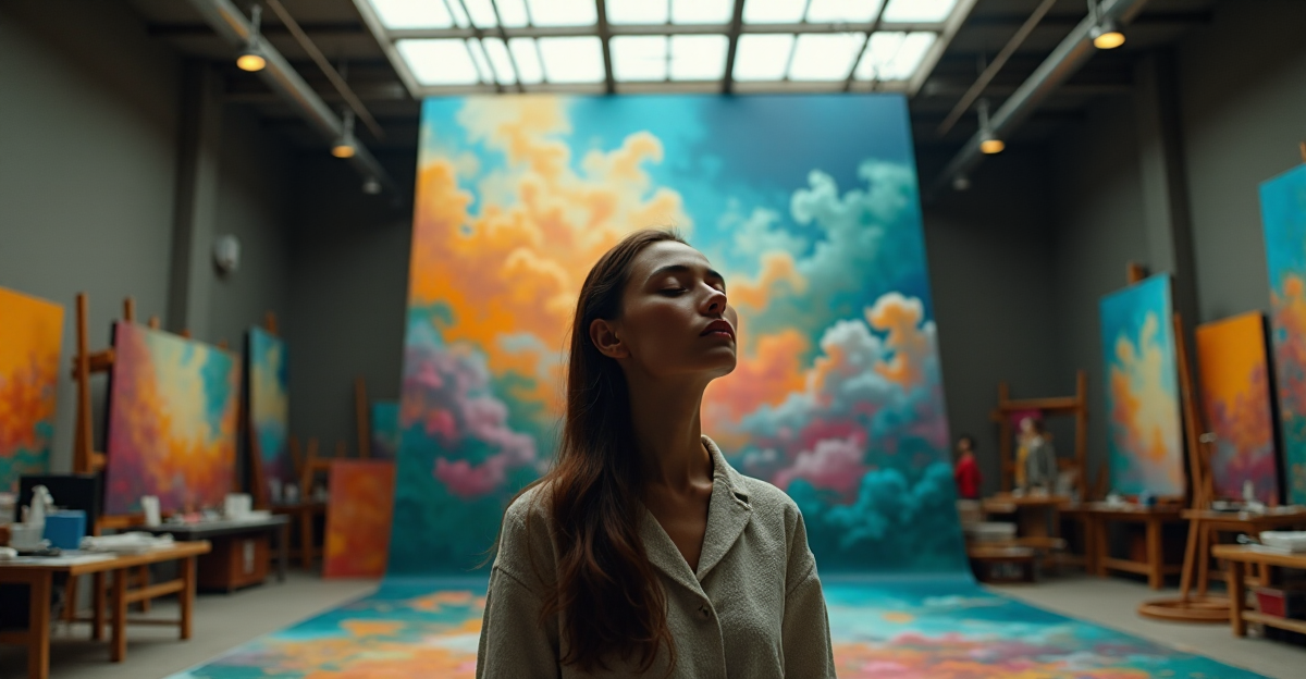 An artist stands in a dimly lit studio amidst vibrant AI-generated art, surrounded by traditional techniques and natural light, evoking serenity and focus within AI Art Trends 2025.