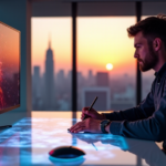 An AI-powered graphic designer intensely focused on a vibrant design project in progress, surrounded by soft golden hour lighting and a serene cityscape at dusk.