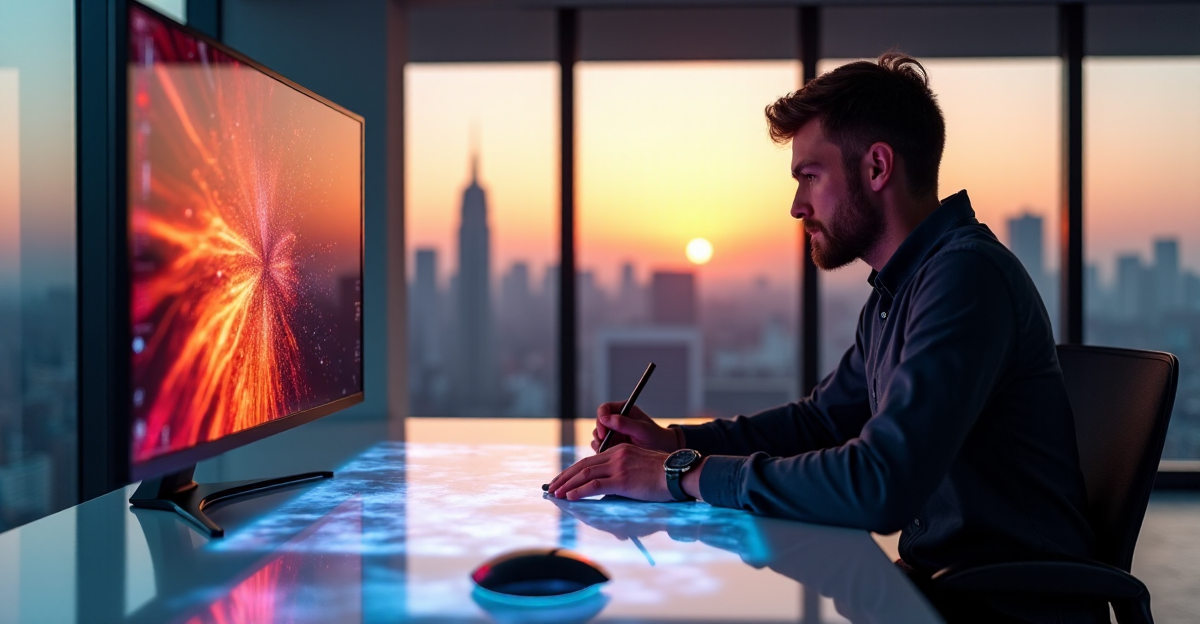 An AI-powered graphic designer intensely focused on a vibrant design project in progress, surrounded by soft golden hour lighting and a serene cityscape at dusk.