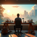 "An artist intensely gazes at a 3D holographic AI-generated dreamscape on a cluttered desk amidst canvases and paintbrushes, with a serene forest landscape outside."