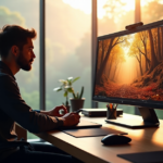 An artist sits at a minimalist desk in a well-lit studio with floor-to-ceiling windows overlooking a misty forest landscape during golden hour; they work on an AI-powered creative code project using a graphics tablet and high-resolution monitor, surrounded by cutting-edge technology and innovative tools, reflecting the latest AI Art Trends 2025.