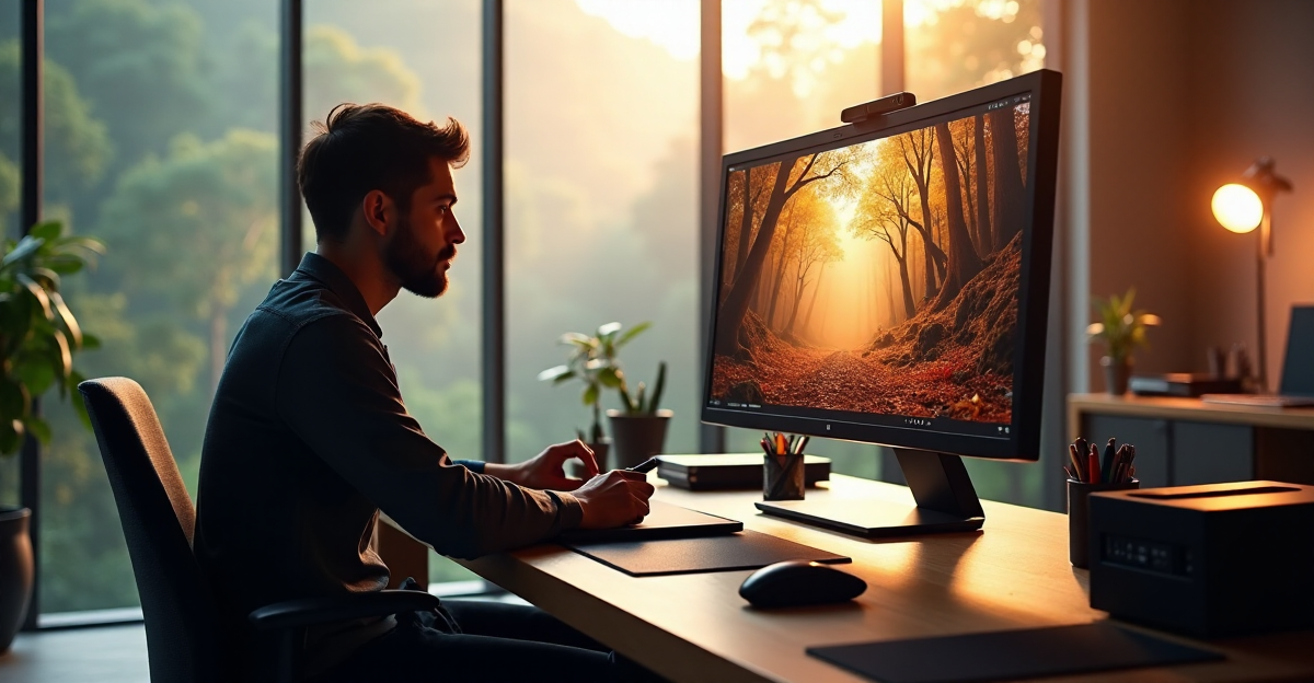 An artist sits at a minimalist desk in a well-lit studio with floor-to-ceiling windows overlooking a misty forest landscape during golden hour; they work on an AI-powered creative code project using a graphics tablet and high-resolution monitor, surrounded by cutting-edge technology and innovative tools, reflecting the latest AI Art Trends 2025.