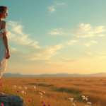 "An artist stands on a rocky outcropping amidst vibrant wildflowers, lost in thought, surrounded by AI-driven artistic horizons reflecting emerging trends in AI Art Trends 2025."