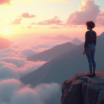 "An artist stands at the edge of a serene digital landscape, gazing out at AI-generated mountains under a warm golden hour sky, reflecting current AI Art Trends 2025."