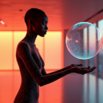 "A digital sculptor in a futuristic studio, manipulating code amidst neon lights and cityscape views, embodying AI Art Trends 2025."