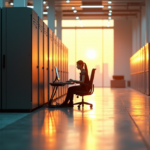 "A futuristic neural network laboratory with a programmer interacting with a cutting-edge computer mainframe amidst a minimalist aesthetic, reflecting AI Art Trends 2025."