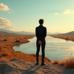 "An artist stands confidently at the edge of a vast plain with an AI-driven 3D art installation in the background, set against a warm golden hour landscape."