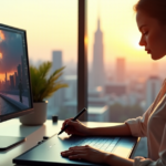 An artist sits at a minimalist desk in a well-lit studio with floor-to-ceiling windows framing a cityscape; creating AI art on a graphics tablet amidst modern attire and carefully arranged art supplies.