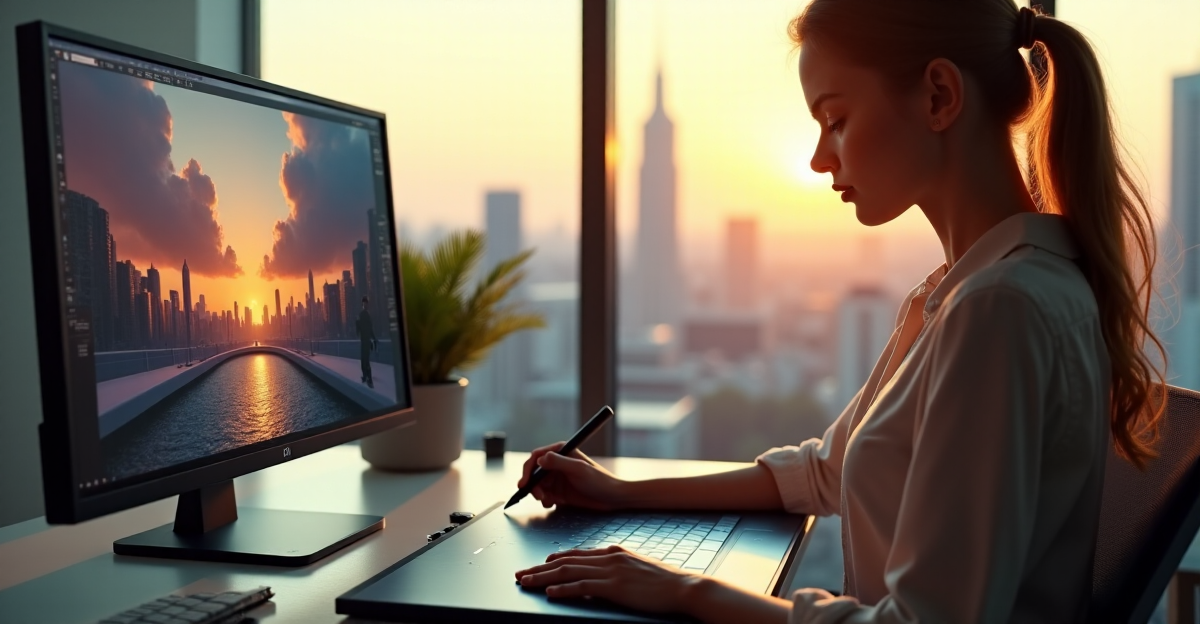 An artist sits at a minimalist desk in a well-lit studio with floor-to-ceiling windows framing a cityscape; creating AI art on a graphics tablet amidst modern attire and carefully arranged art supplies.