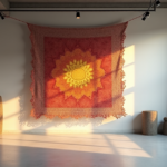 "A vibrant AI-generated textile tapestry suspended in a minimalist studio environment, showcasing emerging AI Art Trends 2025."