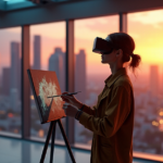 "An artist immersed in virtual reality artistry, surrounded by cutting-edge technology and AI-powered art software, amidst a vibrant cityscape at sunset."