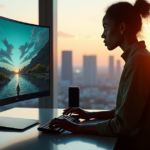 An artist stands in a well-lit studio, surrounded by modern equipment, intently focused on AI-driven digital art with hands poised to create, amidst a minimalist cityscape at golden hour.