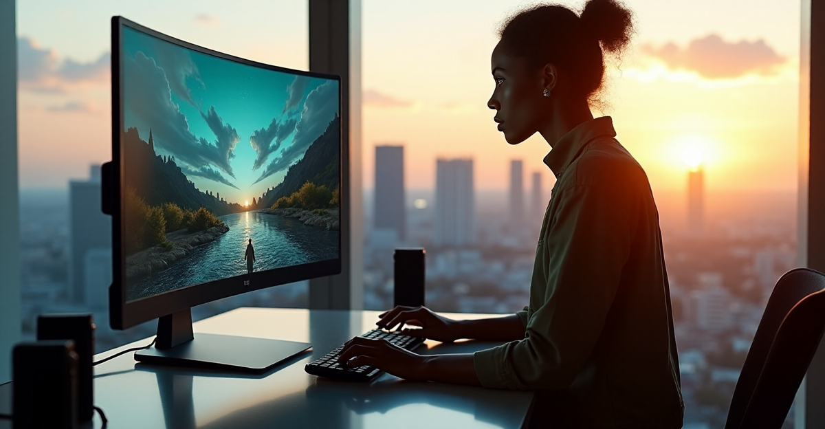 An artist stands in a well-lit studio, surrounded by modern equipment, intently focused on AI-driven digital art with hands poised to create, amidst a minimalist cityscape at golden hour.